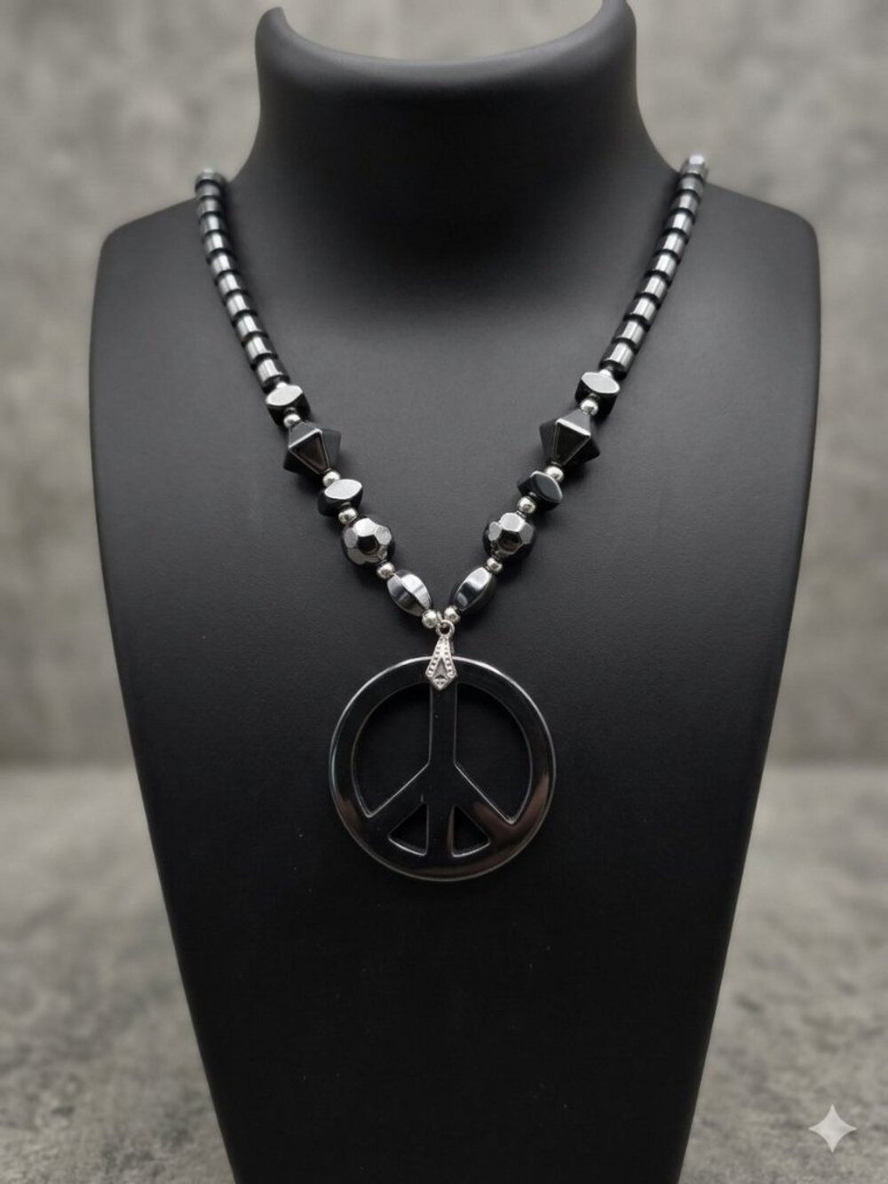 Hematite Peace Sign Pendant Gunmetal Beaded Boho Hippie Jewelry Necklace 18"